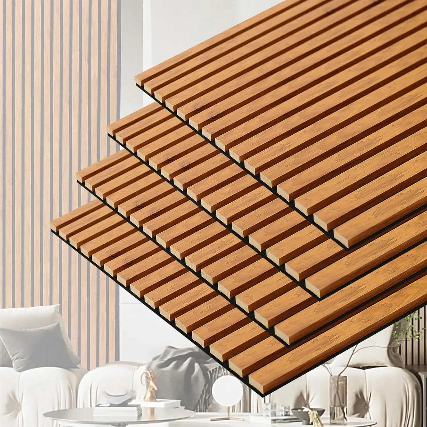 Modern 3D Slat Acoustic Wall Panels with Wood Finish Accent Sound Absorbing Paneling for Studio Office Living Room Bedroom