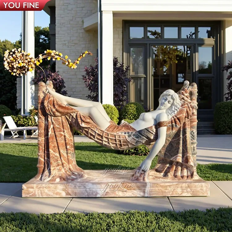 YOUFINE ホワイト＆ベージュ大理石製横臥婦人ハンモック彫刻 手彫り