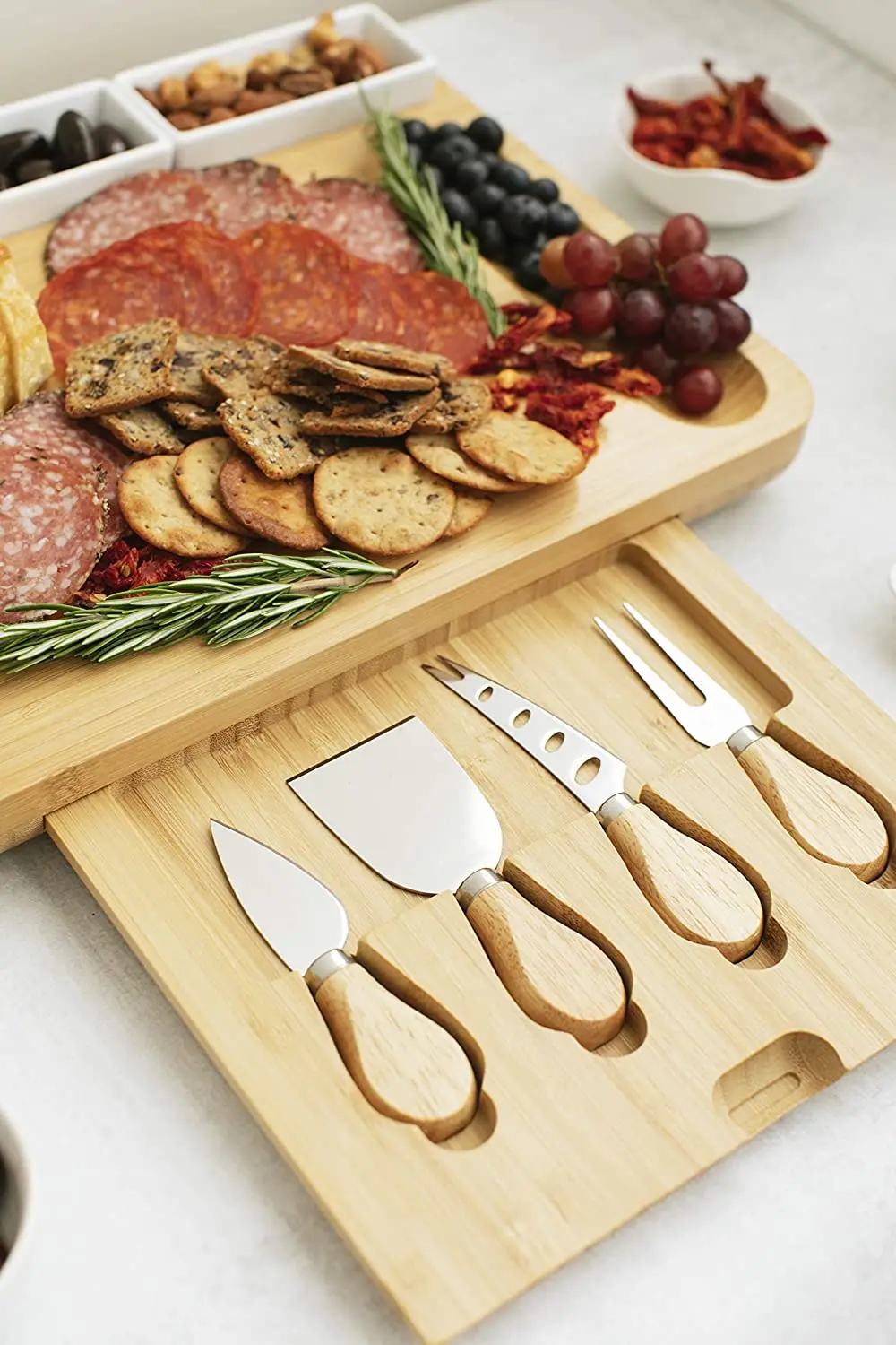 Combohome Cheese Board and Knife Set Acacia Charcuterie Boards Platter Serving Tray with Double Side Marble Slab