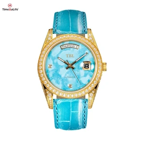 Custom Luxury Pure Natural Turquoise Men Watch Full Diamond Automatic Mechanical Steel Watch for Gemstone Tourqouise Dial