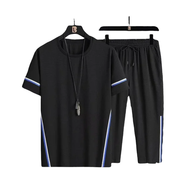 Summer new men's short-sleeved trousers breathable two-piece sports casual round neck slim T-shirt suit