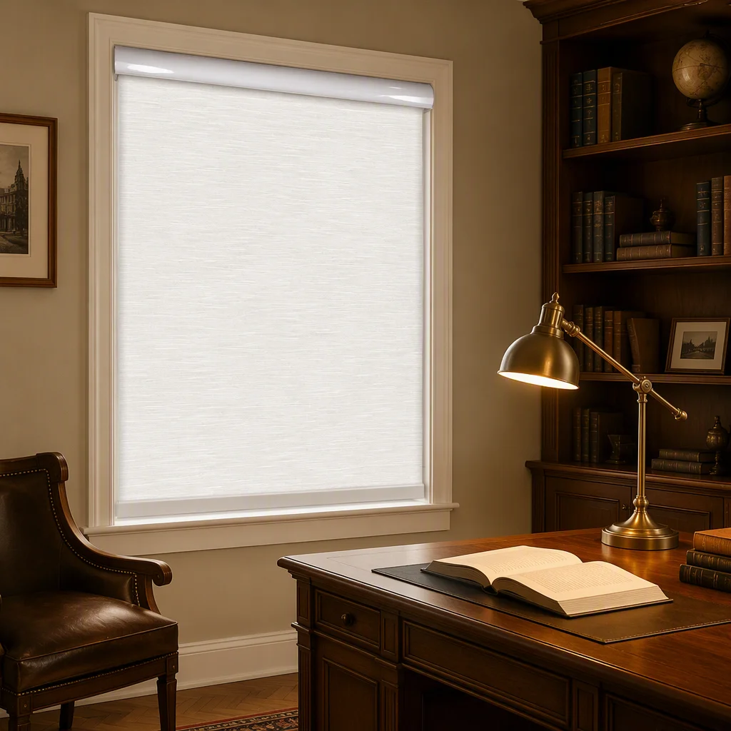 Motorized Roller Shades Simple Design Anti-UV Semi-Sheer Fabric USB Rechargeable Arc Headrail Remote Control Study Room Custom