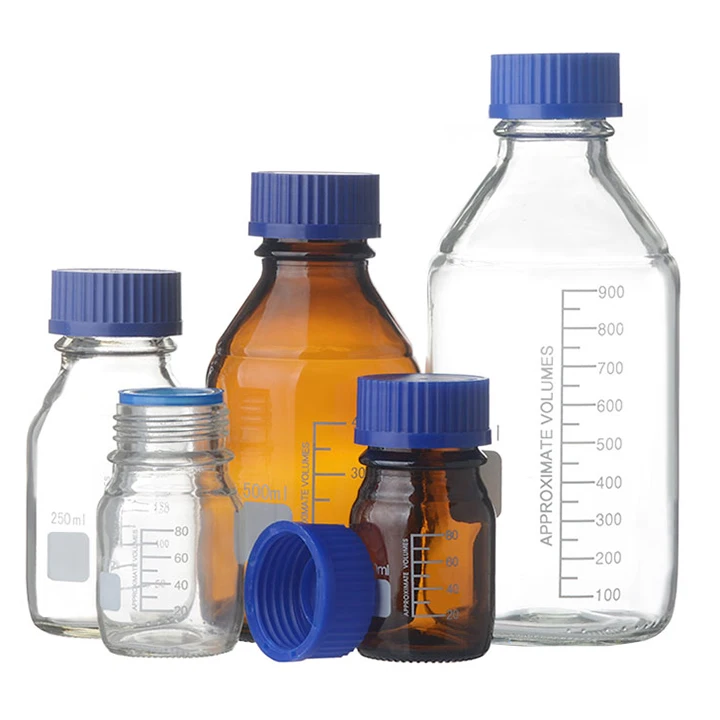 Lab Chemical Glassware Graduated Clear Brown Amber Glass Reagent Duran Bottle with Blue Screw Lid Cap
