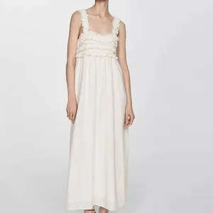 Party Modest Style Sleeveless Open Back Cut-out Midi Dress Women's Solid Lace Regular Fit Straps Dress With Fringes