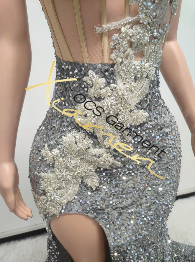Ocstrade Handmade Off-shoulder Crystal Beaded Rhinestone Maxi Evening Dress
