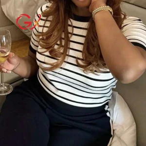 GX8851 Fashion 2026 Summer Blouse O-Neck Stripped Knitted Tops Short Sleeve Knit T-shirt Women