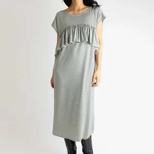 OEM Manufacturer Custom Clothing Lightweight Ruffle Trim Crew Neck Short Sleeve Midi Dress