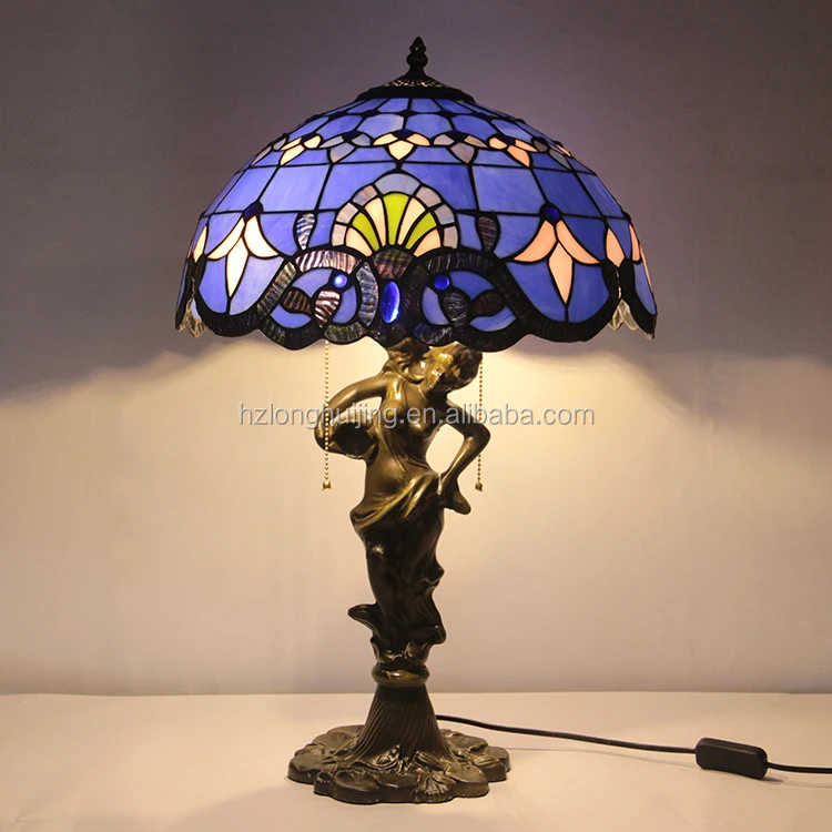 LongHuiJing Tiffany-Style 2-Light Flower Table Lamp with 20" Lampshade