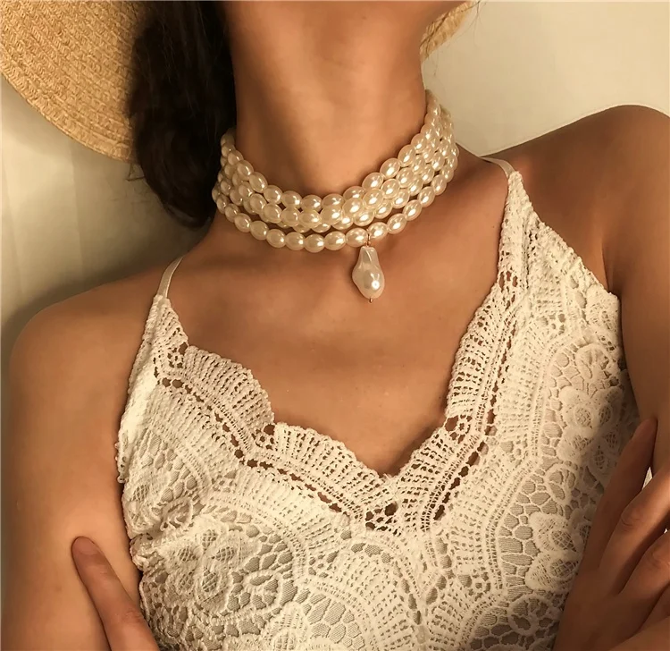 simple design women jewelry multi layer irregular pearl choker