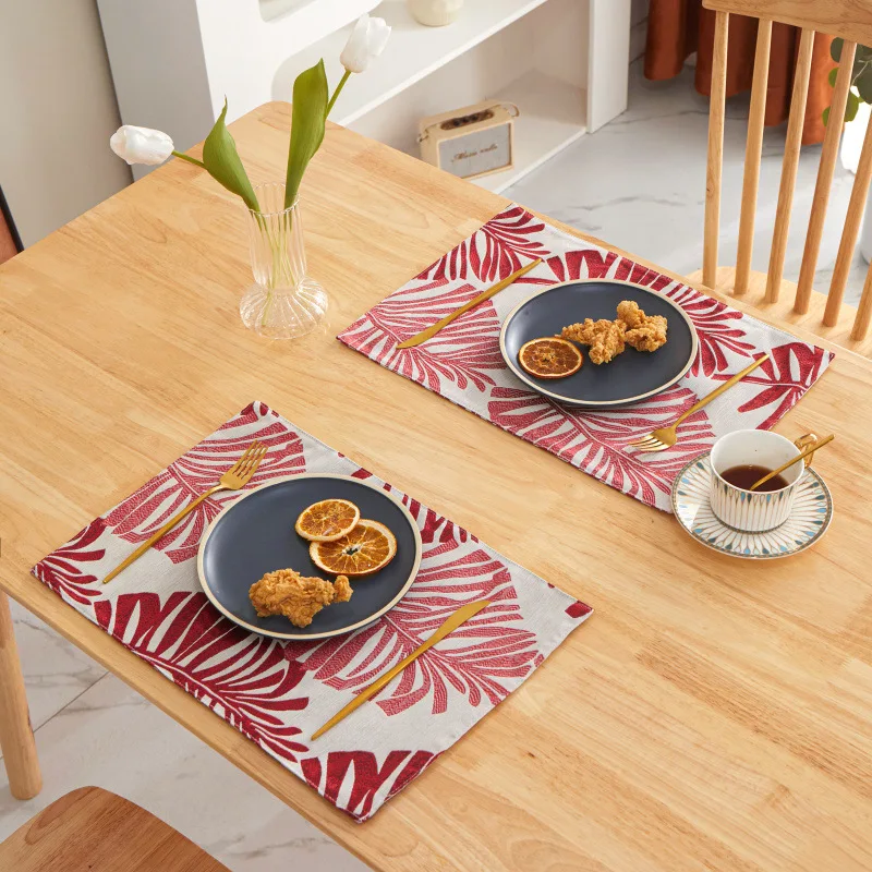 Nordic Style Dingin Table Jacquard Placemat Linen Cotton Restaurant Table Mats with Leaves Pattern