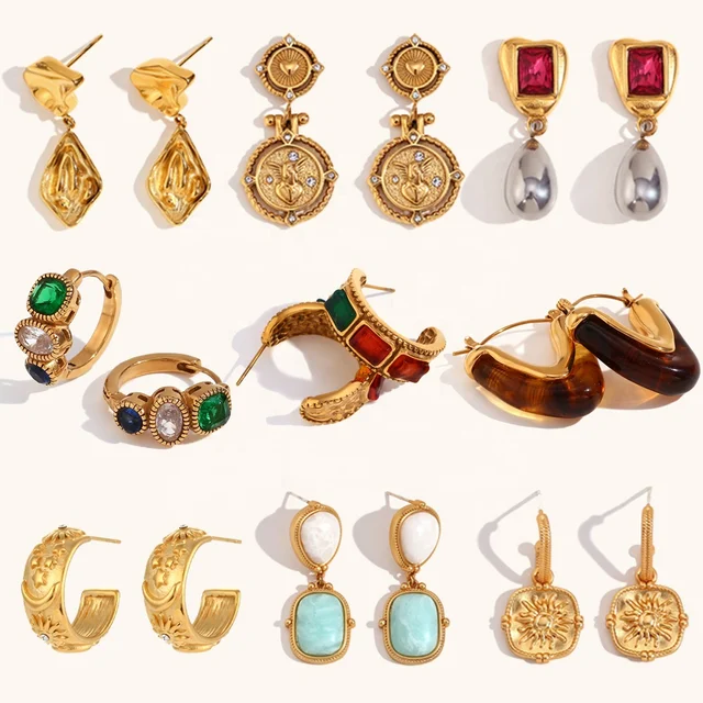 Dingran Wholesale Multi Kinds Stainless Steel Earrings 18K Gold Plated Tarnish Free Vintage Earrings Set