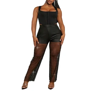 Wholesale Women Rhinestone Detail Contrast Mesh Flare Leg Pants Sheer Mesh Elastic Waist Dance Bell Bottom Trousers