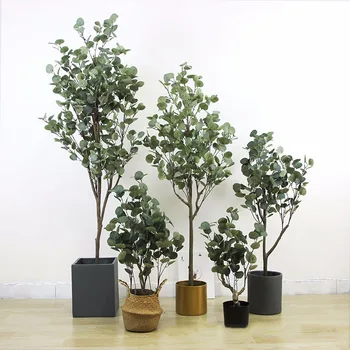 Customized indoor decor fake small silver dollar eucalyptus bonsai faux tree dwarf potted artificial eucalyptus tree for sale