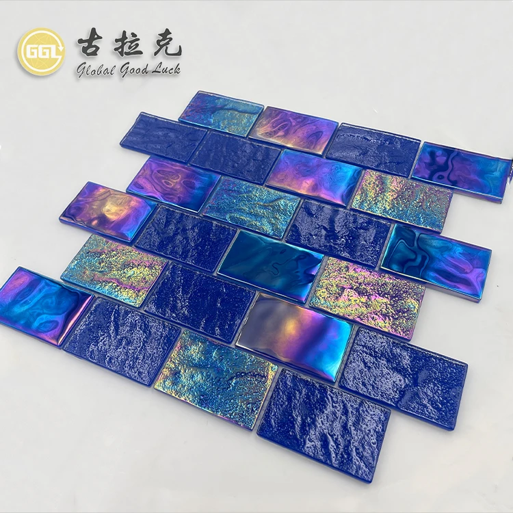 dark blue subway brick triangle mosaic  strip glass mosaic tile for swimming pool tile manufacture