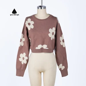Customize Round Neck Heavyweight Fuzzy Wool Pattern Jacquard Sweaters Drop Shoulder Oversized Knit Warm Women Sweaters