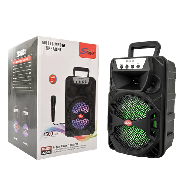 Sing-e ZQS6139 Portable Bluetooth TWS Wireless Microphone Speaker RGB LED Lighting Wood FM Radio Audio Remote Control Karaoke