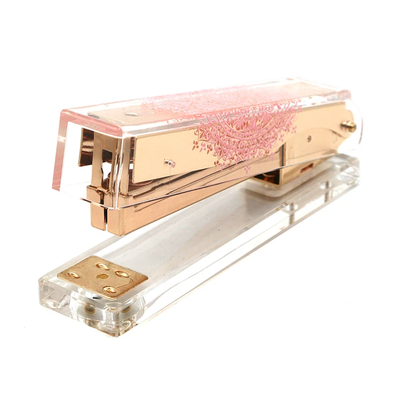 Поставки с фабрики в Китае 24/6 прозрачный степлер аксессуары для рабочего стола розовое кружево печатный узор Золотая полная полоска сделанный вручную металл