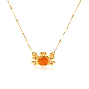 MW Summer Cute Animal Crab Cat Eye 18K Gold Plated Stainless Steel Strand Chain Necklace Gift