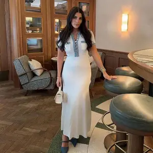 Women's Summer Long Knit Dress Denim Patchwork Button Tight Short Sleeves Simple Solid Pattern Fashion Dropshipping New Arrival