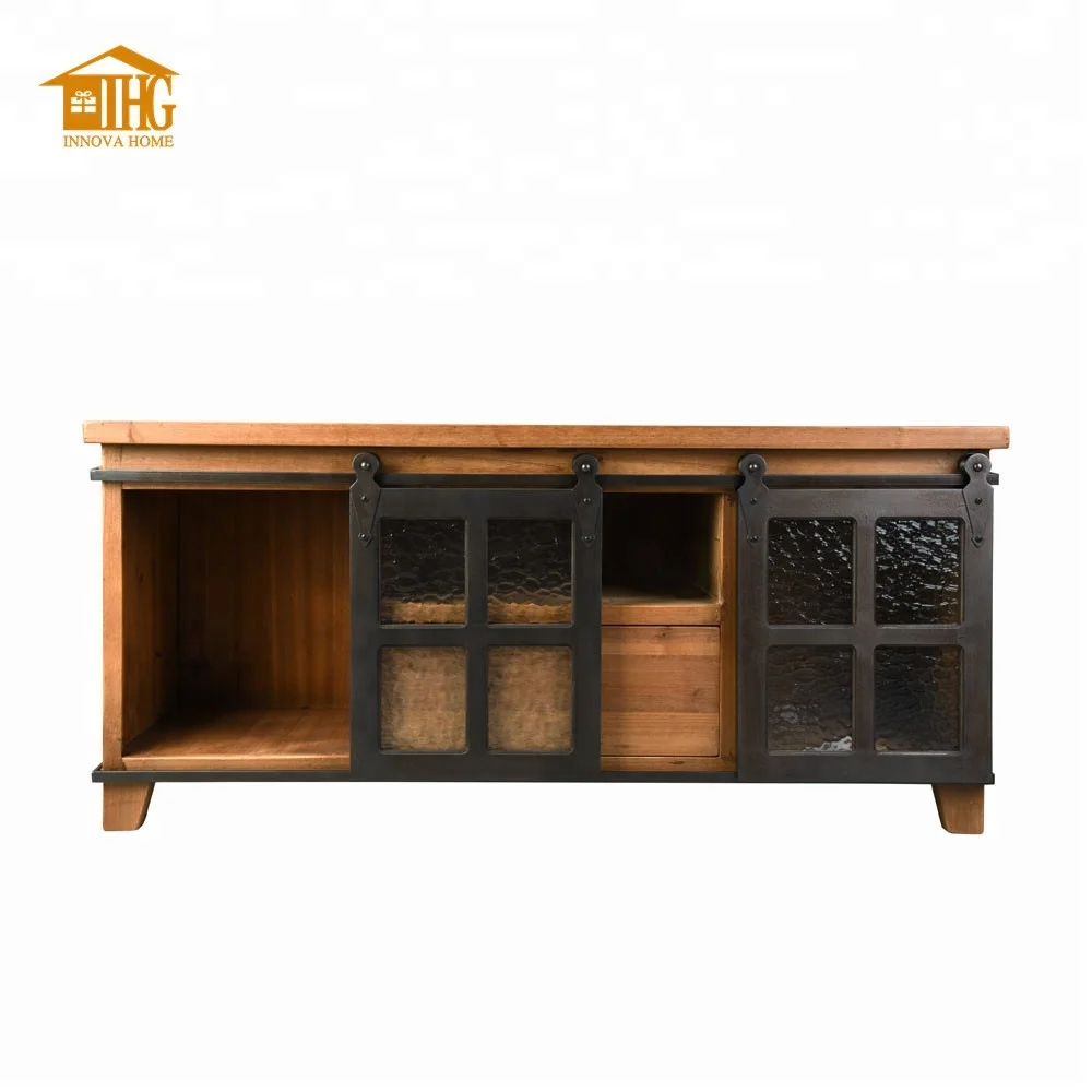 Accent Wooden Design TV Stand Cabinet Panel Wood Living Room Furniture with Metal Slid Barn Door for Home or Apartment
