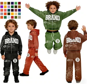 Wholesale Customizable 100% Cotton Tracksuit Kids Oversized Zip-Up Hoodie Flared Sweatpants Knitted Casual Outerwear Travksuit