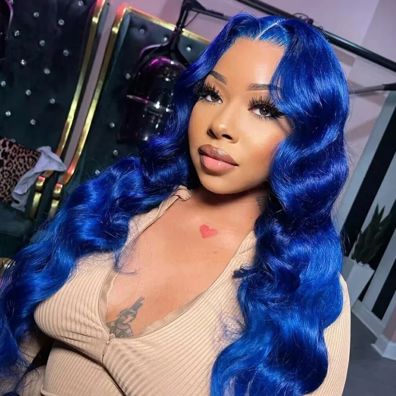 Blau gefärbte 13 x 4 transparente Lace Front Perücke Body Wave Echthaar Perücken für Frauen_voghion.com