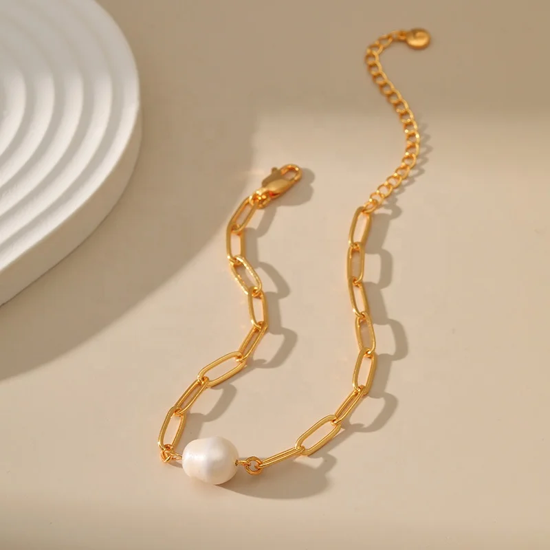 China Factory Made 18K Gold Plated Bracelet Natural Freshwater Irregular Baroqu Baroque Pearl Charm Bracelet Paper Clip Chain
