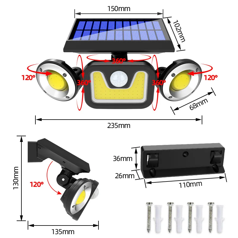 3 Head Cob Solar Motion Sensor Light 83 Cob/Led Solar Light Outdoor Solar Lamp Waterproof IP65 Solar Powered Wall Light supplier