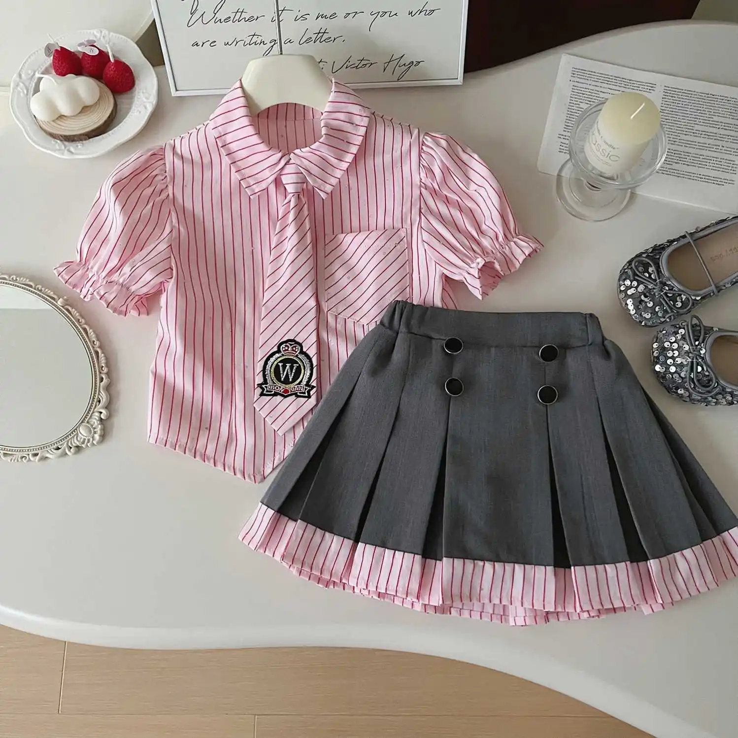 Summer New Girls' College Style Skirt Suit Back to School Striped