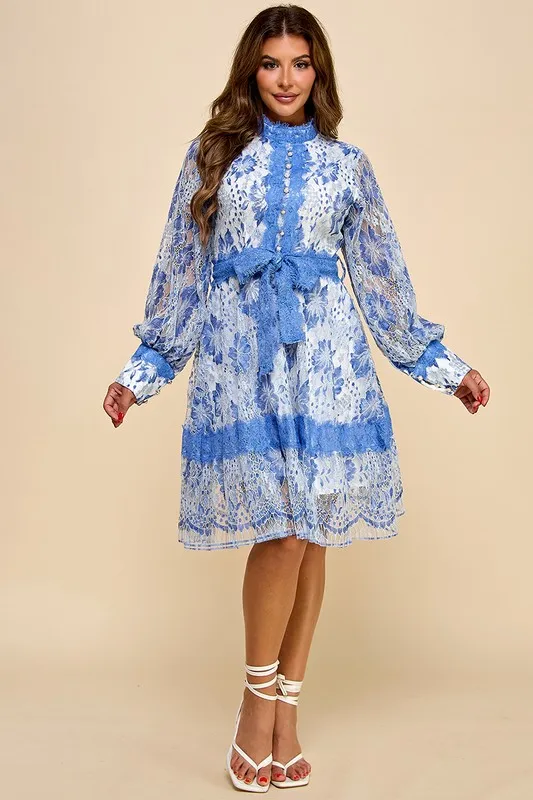 A Short Blue Lace Dress With Blue And White Lace Trim - Image 4