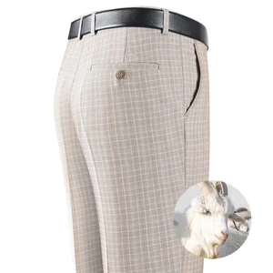 Autumn Spring Thickened Woolen Pants High-Waisted Deep-Crotch Loose Straight Pants Men's Anti-rinkle Striped Plaid Trousers