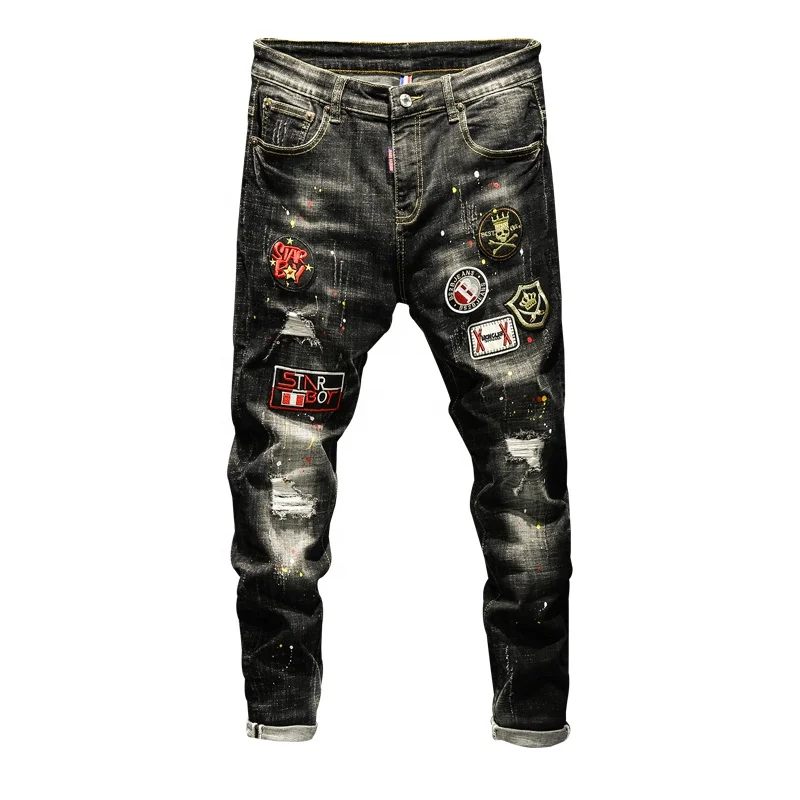 Men Cotton Paisley Print Ripped Frayed Rag Stitching Jeans | SHEIN