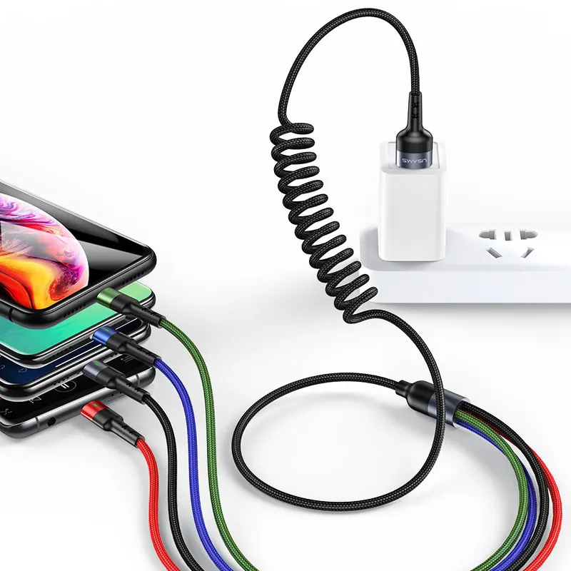 USAMS оптовая продажа US-SJ349 из алюминиевого сплава 2А 4в1 пружинный Плетеный usb-кабель для зарядки 1,5 м