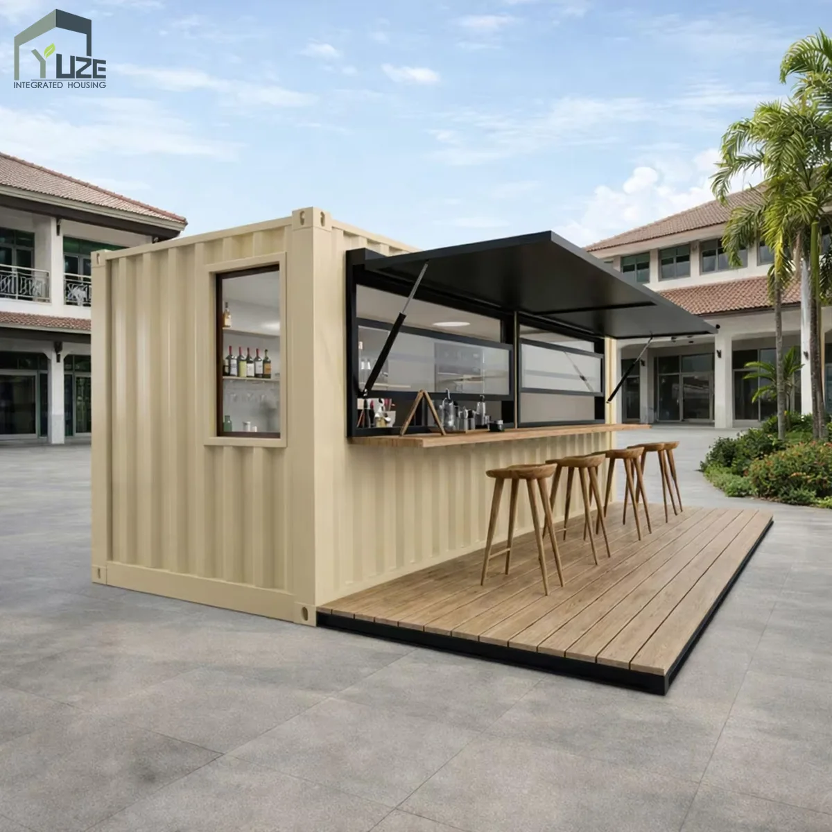 Modular Design Outdoor Commercial Container Pop up Cafe with Outdoor Seating and Rooftop Terrace