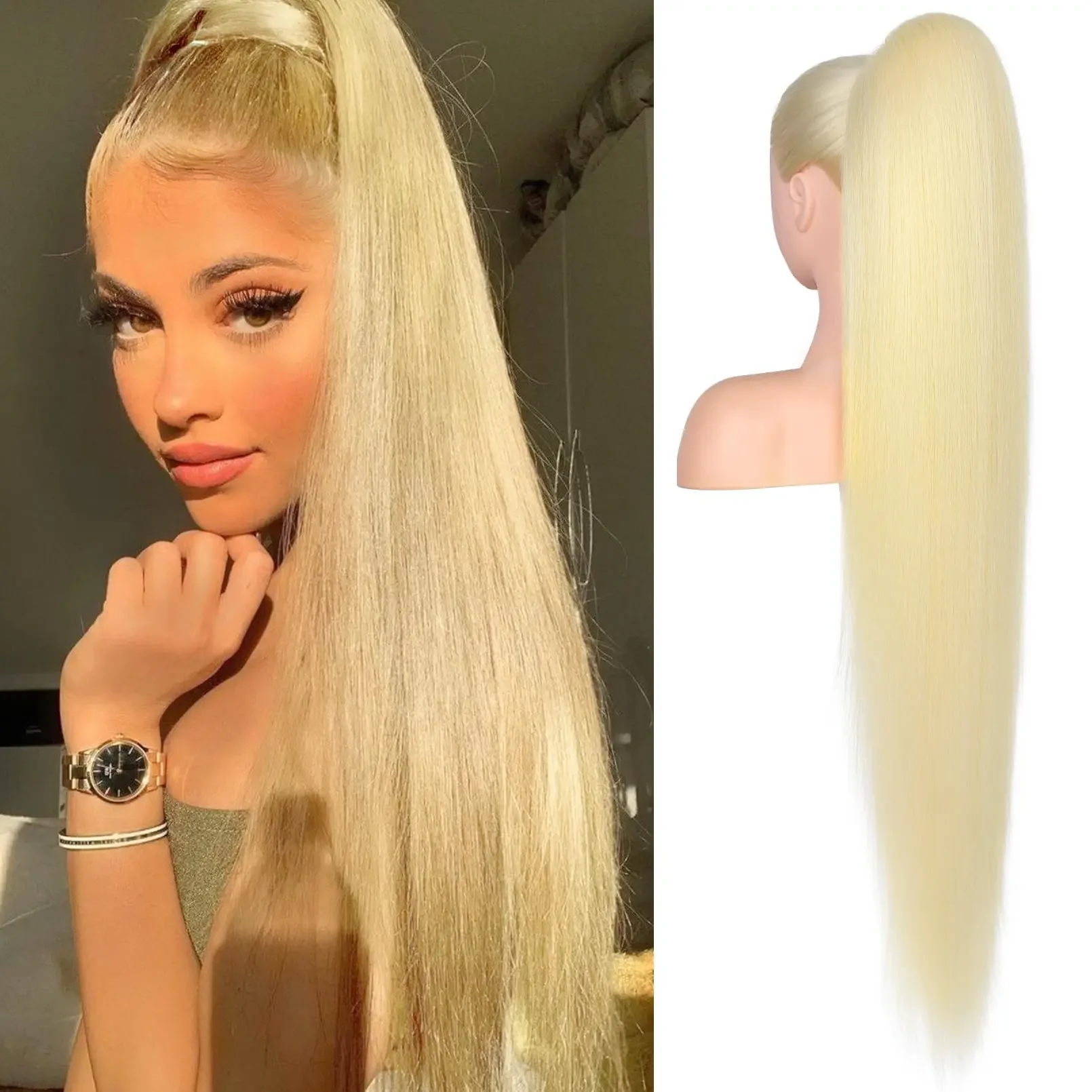 613 Blonder Pferdeschwanz mit Kordelzug zum Anklipsen, Echthaar-Extensions, glatter Pferdeschwanz zum Anklipsen, glattes Echthaar, 16-26 Zoll, für Frauen_voghion.com