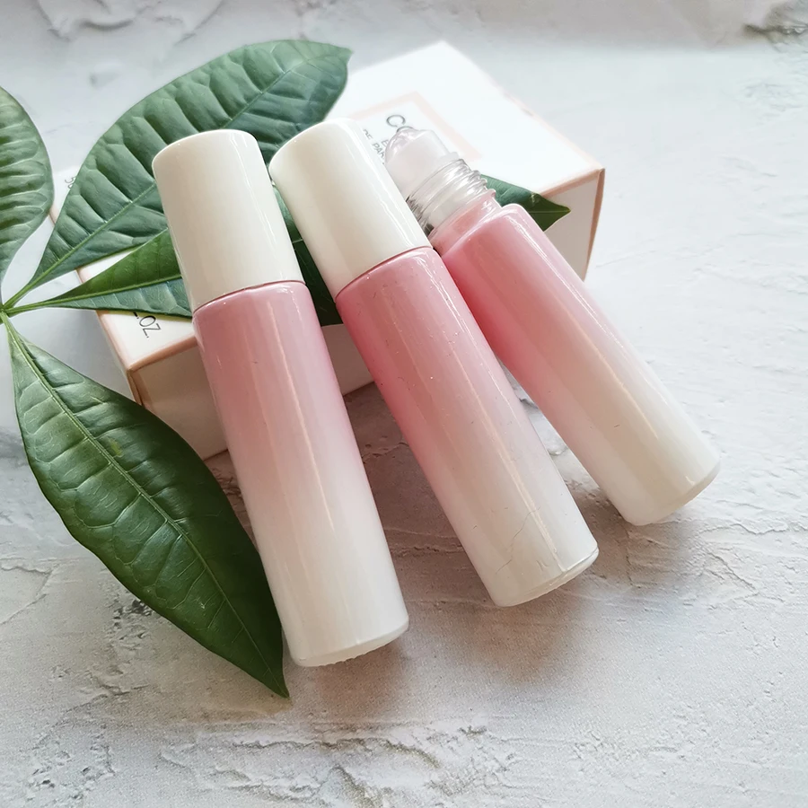 10ml Gradient White-Peach Roll on Glass Bottle with Gem Stone Roller & White Cap Cylinder Essential Oils Perfume Bottles