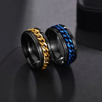 Wholesale Titanium Stainless Steel Chain Spinner Ring For Men Blue Gold Black Punk Rock Rings Accessories Jewelry Gift