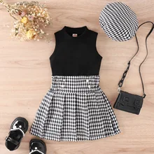 New Sleeveless Vest Plaid Skirt Beret Three-Piece Foreign Style Suit for Summer Good Cotton Knit for Plus Size Children's