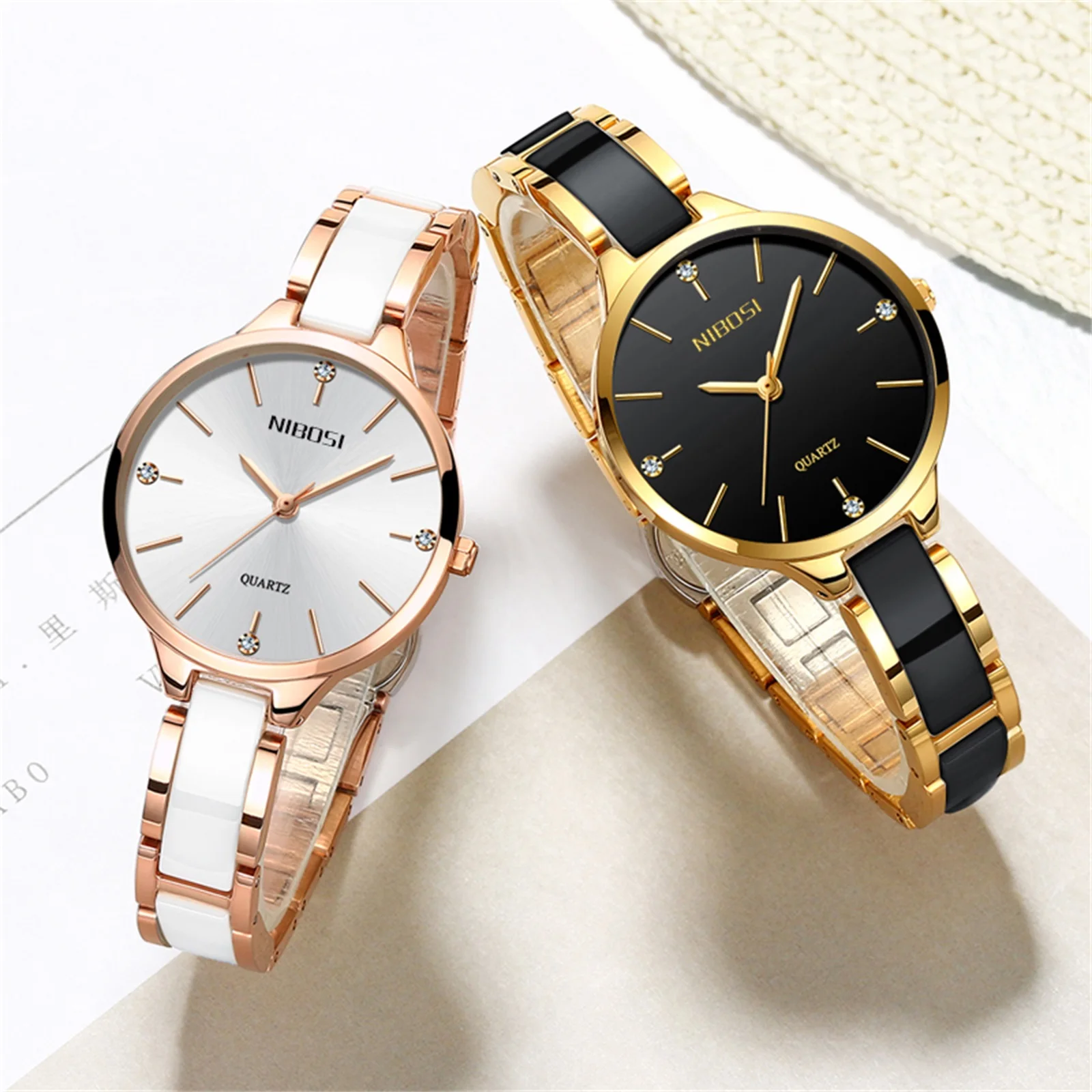 NIBOSI 2330 Simple Black White Design Womens Minimalist Quartz Watches for Girls Stylish