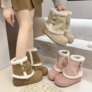 Wholesale Winter Fashion Design Warm Boots, Customized Women's Snow Boots, Thick Soled, Height Increasing Buckle Boots