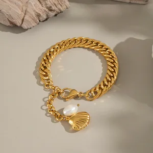 MW Women's Minimalist Fashion Ocean - Style 18K Gold - Plated Stainless Steel Handmade Freshwater Pearl & Seashell Bracelet