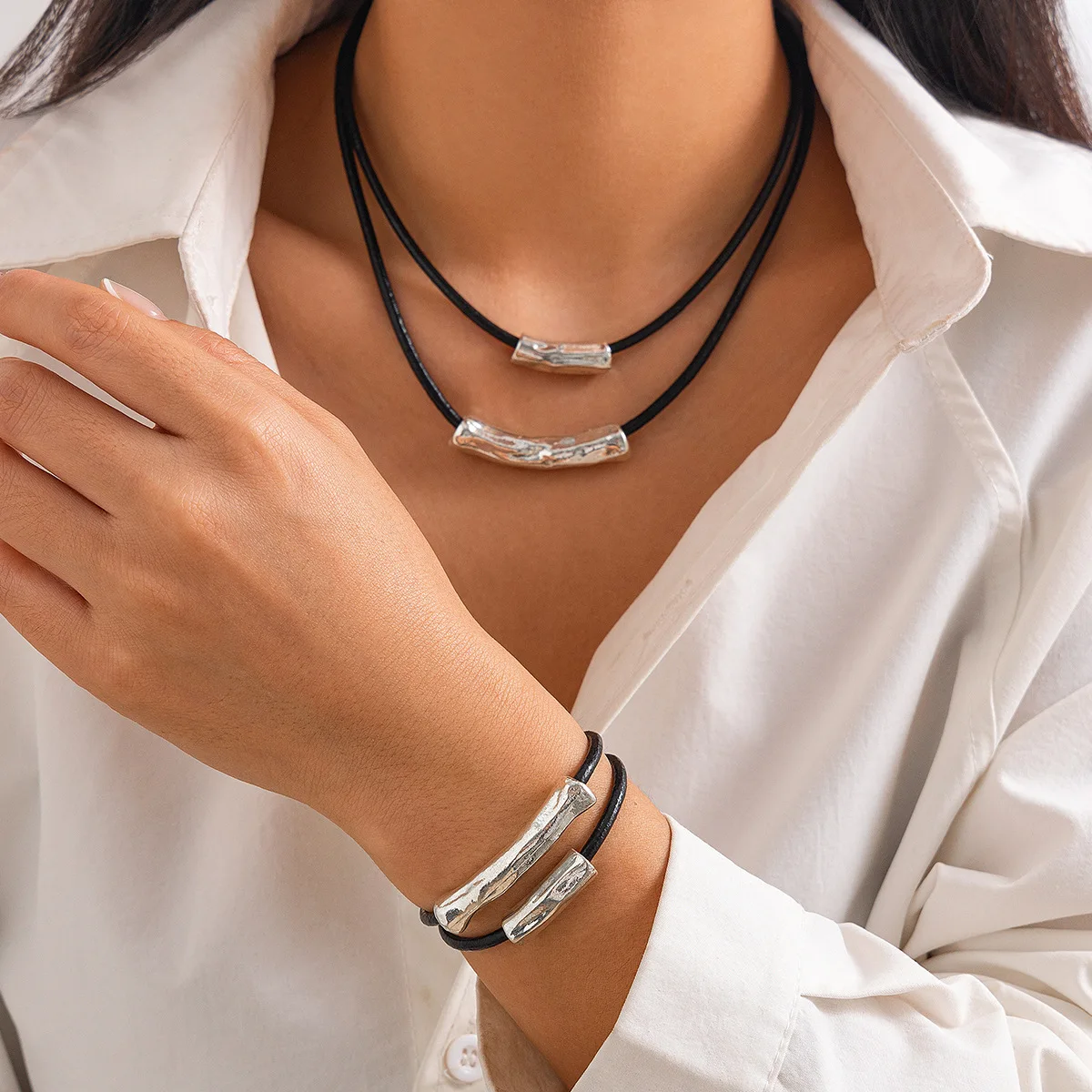 Cylindrical Leather Wax Thread Necklace Set Hot Selling