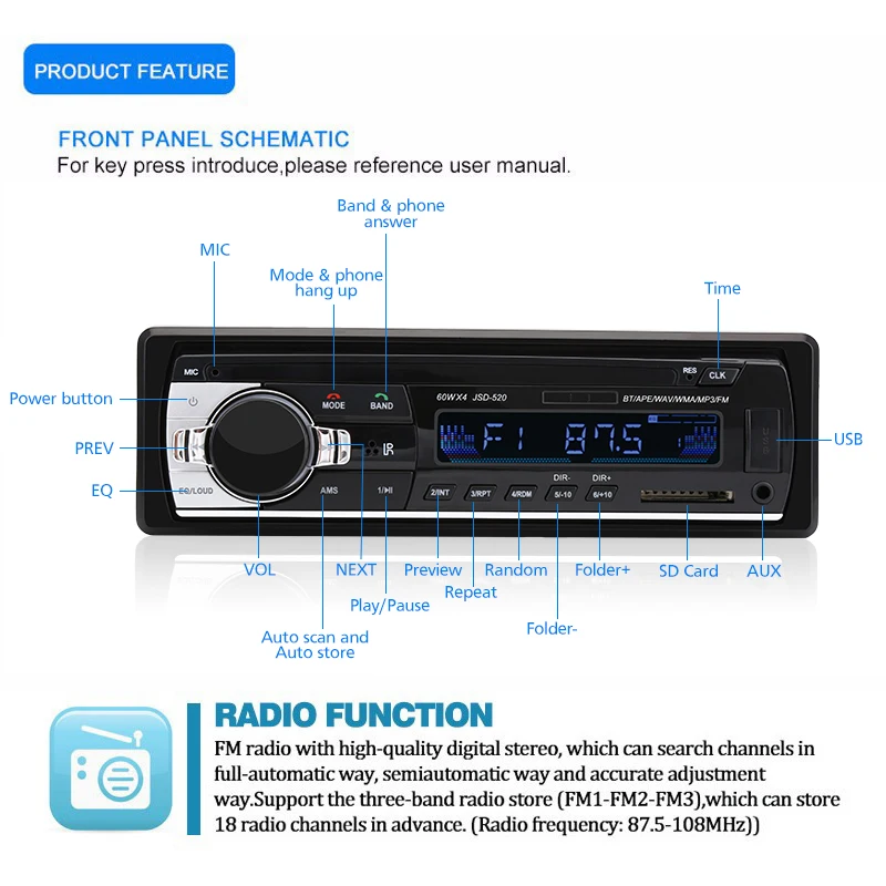 PolarLander 1 Din Car Radio 12V FM MP3 Bluetooth Autoradio Bluetooth  Hands-Free Call in-Dash Car Stereo Built-in with Two Loud Speakers with ISO  Port