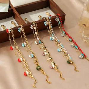 Girl's Cute Bohemian Gold Plated Acrylic Multilayer Colorful Flower Chain Link Stainless Steel Summer Jewelry Bracelet for Women