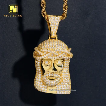 18K Gold Plated Jesus Face Pendants Popular Hip Hop Jewelry 925 Silver Moissanite Diamond Pendants With Rope Chain