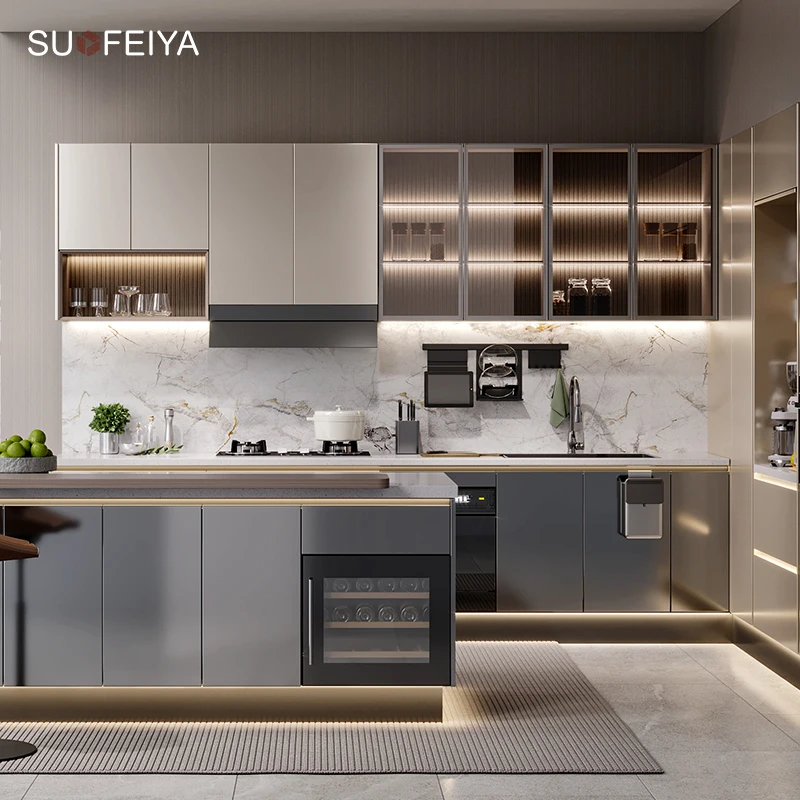 Factory Supply Customized Smart Joinery Durable High Gloss Grey UV Lacquer L-Shaped MDF Kitchen Island Cabinet for Dubai