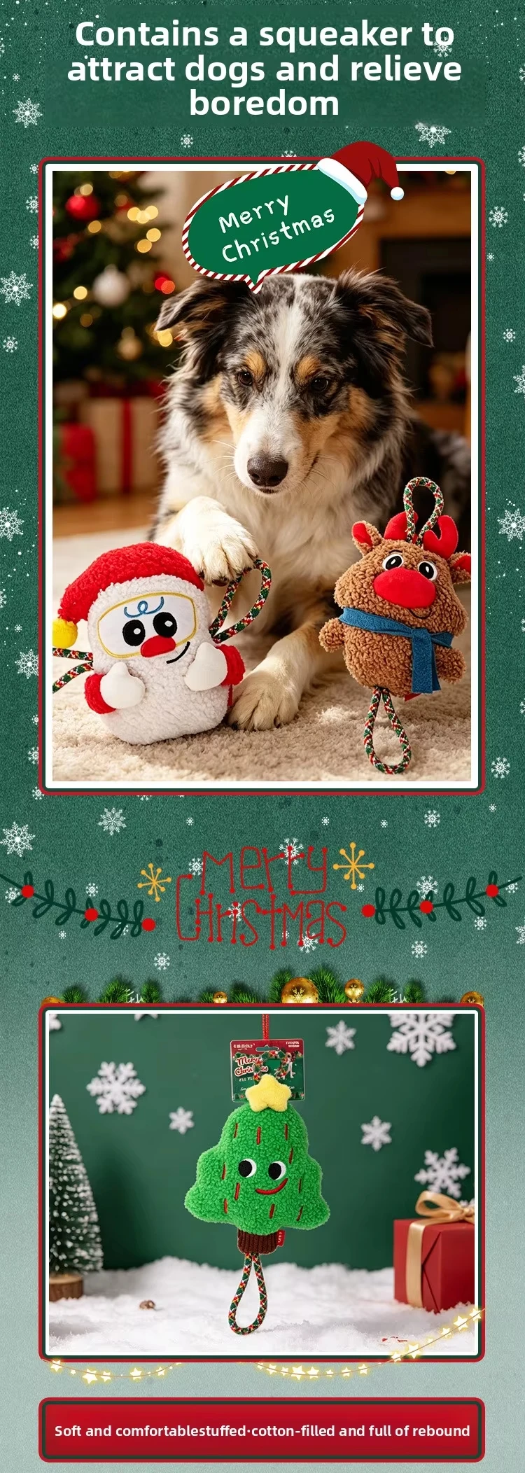product christmas plush dog toy self entertaining chew resistant knots squeaker interactive tug of war toy for burning energy santa-3
