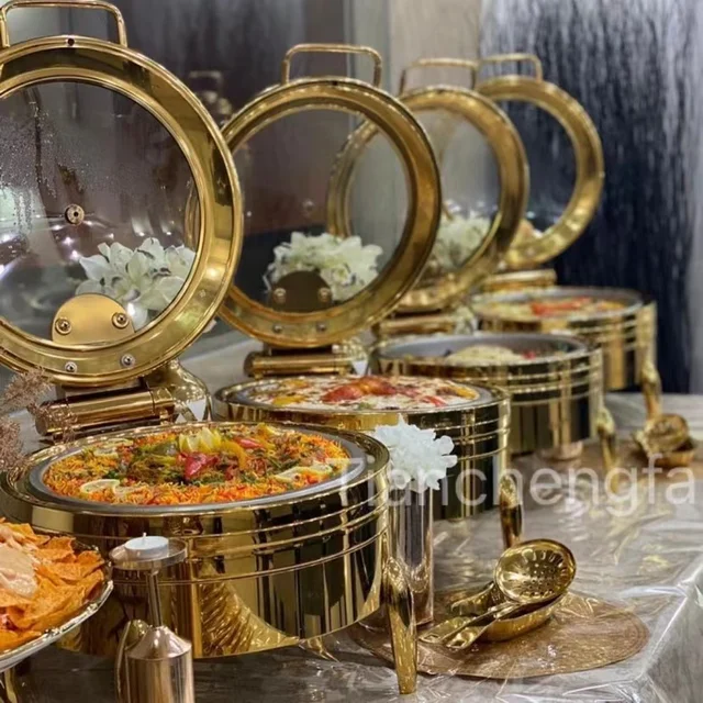 Event Food Warmer Water Pan Base Wedding Party Catering Chaffing Dish With Glass Cover Circle Round Gold Hydraulic Chafing Dish