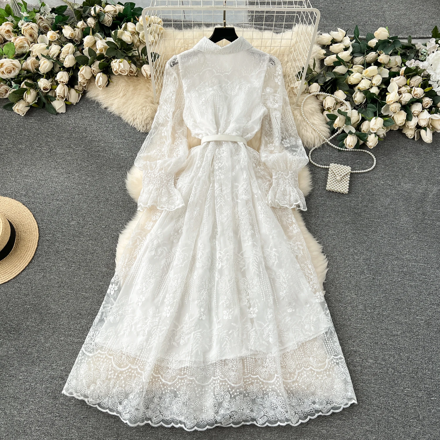 LE2360 Wholesale Vintage Solid Socialite Party Holiday Lace Long A-Line  Dress Woman Elegant Chic Embroidery Ruffled Collar Maxi