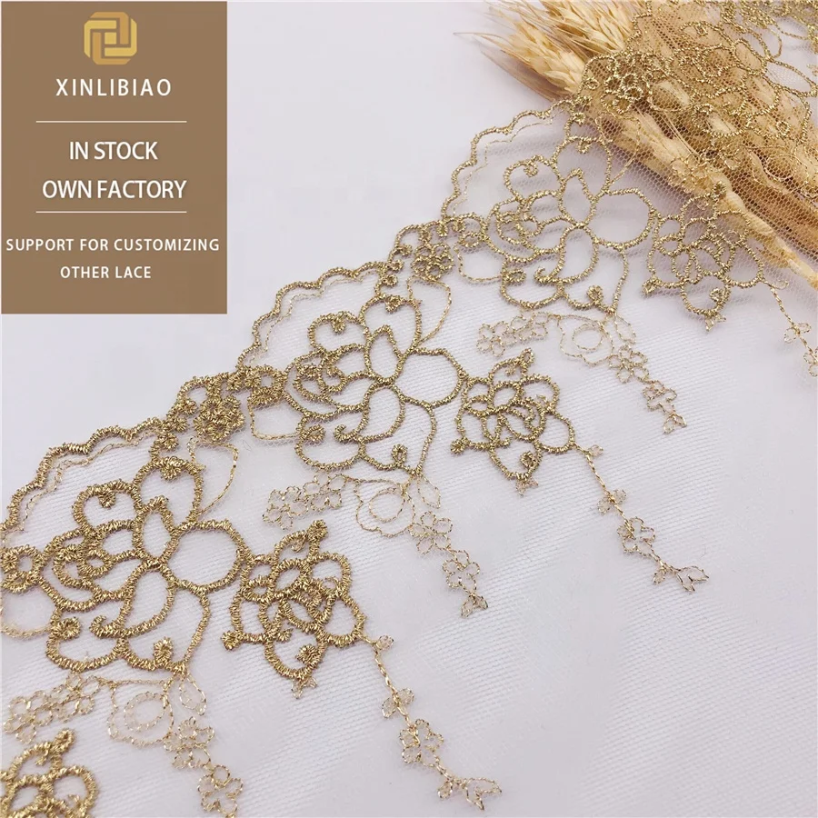 Golden Fancy Bridal Bordere Embroidery Organza Lace Trim Gauze Lace Net Roll Mesh Gold Lace Trim